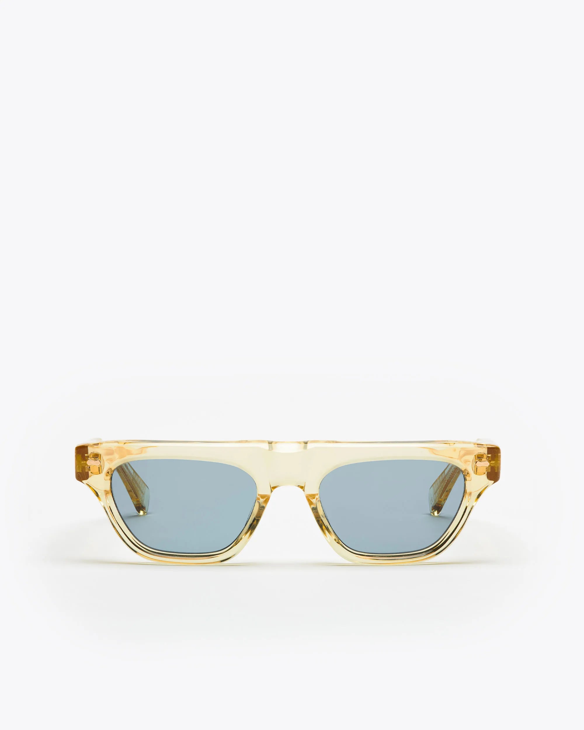 Rectangular-shaped sunglasses with a champagne yellow frame and blue lenses on a white background
