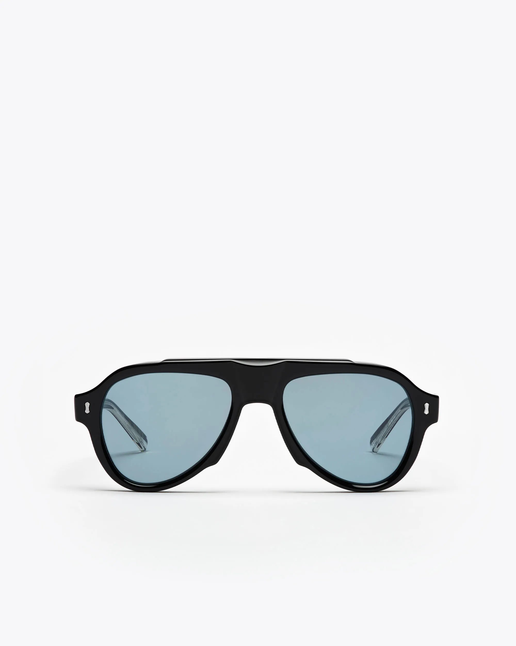Aviator style sunglasses with black frames and blue lenses on a white background