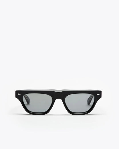 Black framed cat-eye sunglasses with grey lenses on a white background