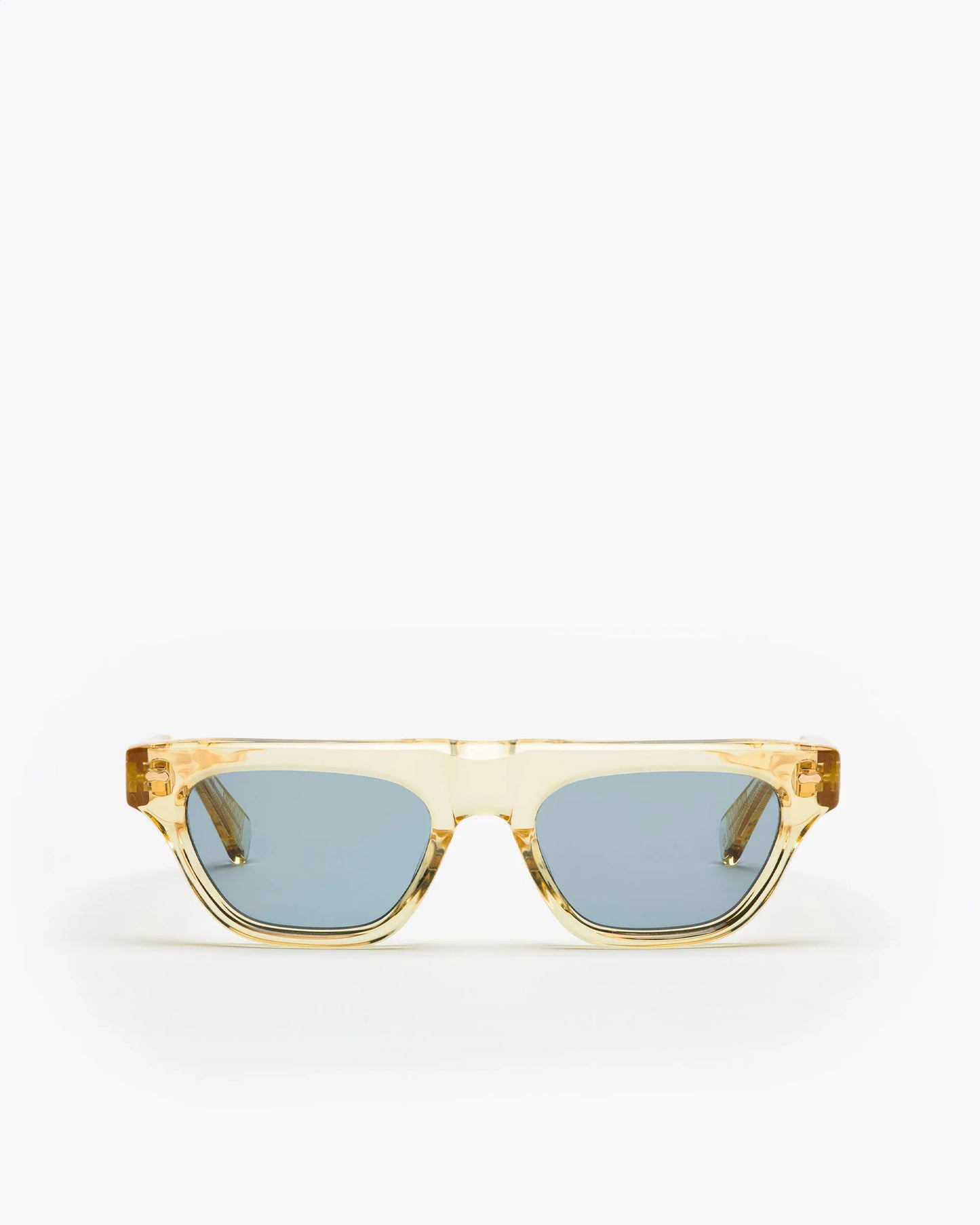 Rectangular-shaped sunglasses with a champagne yellow frame and blue lenses on a white background