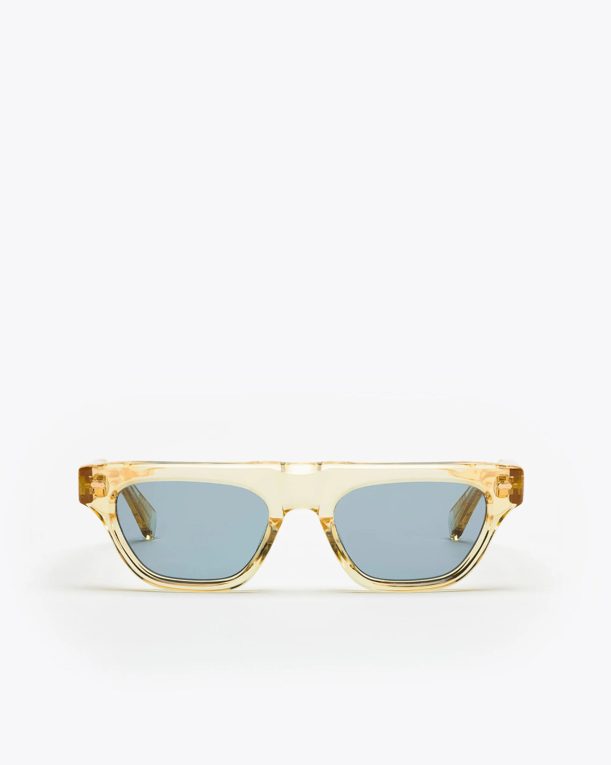 Rectangular-shaped sunglasses with a champagne yellow frame and blue lenses on a white background