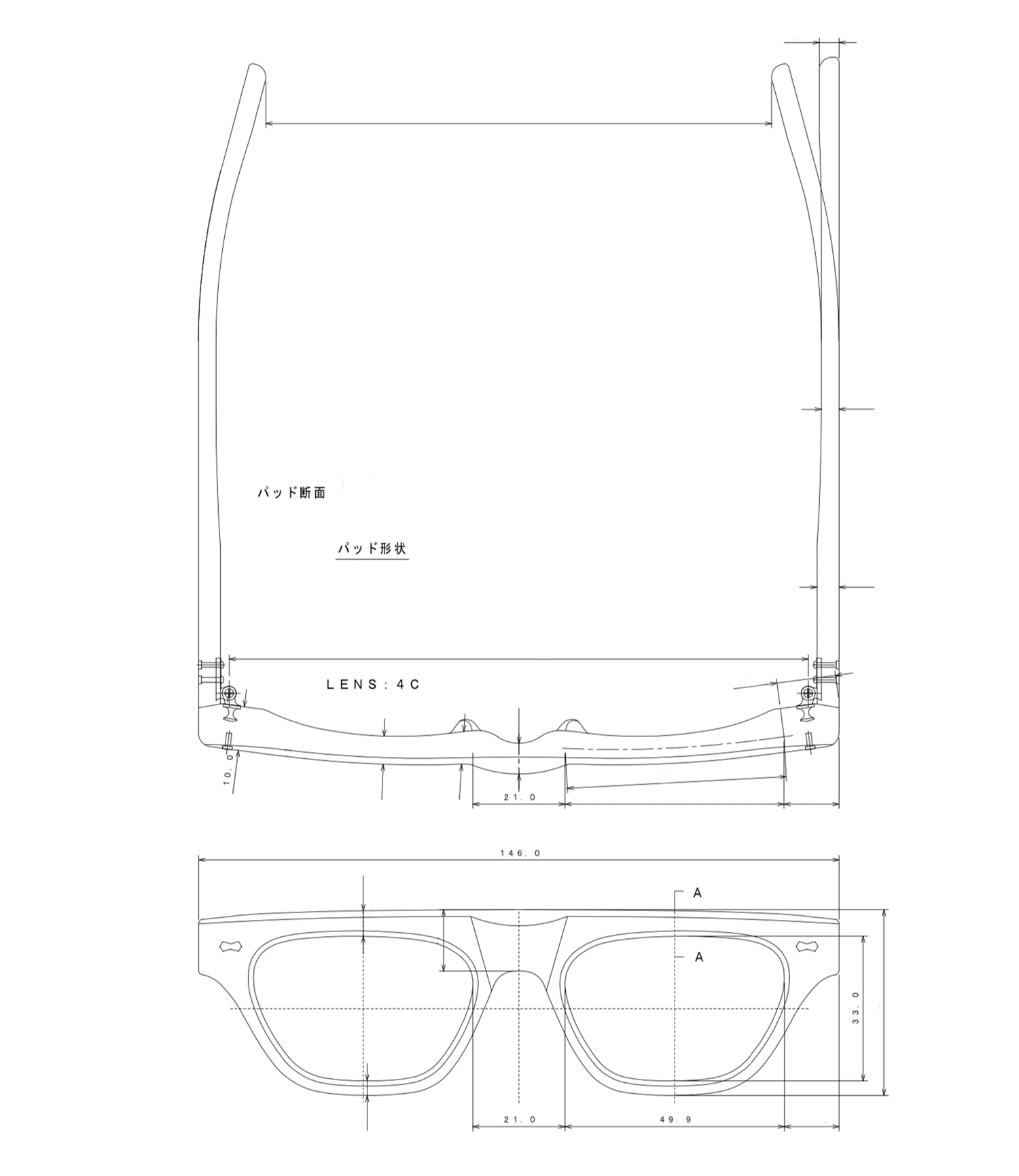 Technical drawing of the donni sunglasses with dimensions and labels