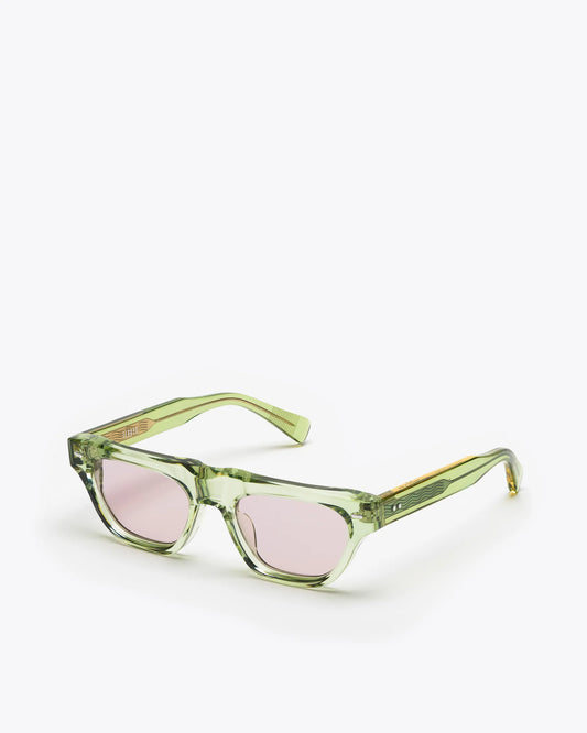 Rectangular-shaped sunglasses with seafoam green frame and lilac lenses on a white background