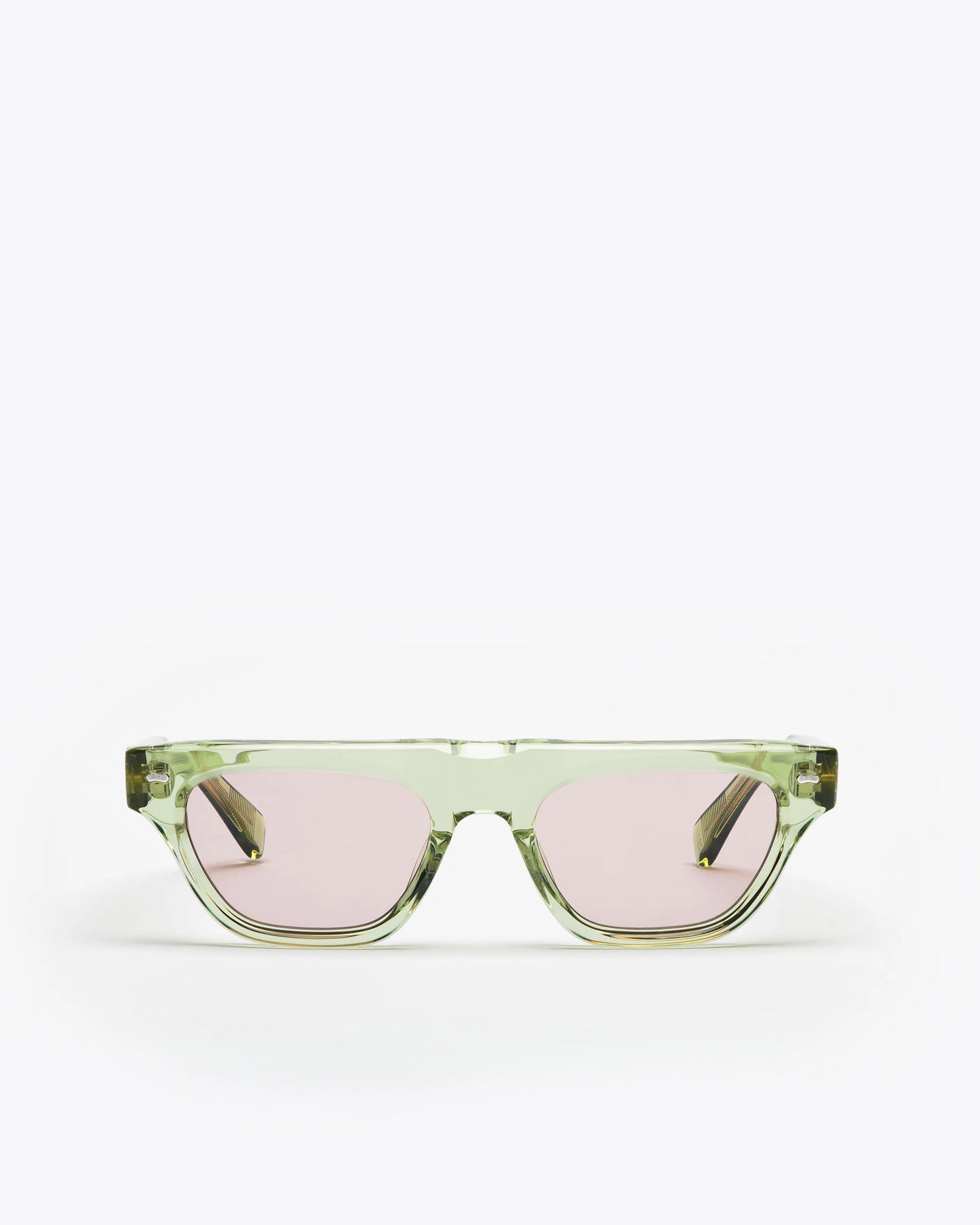 Rectangular-shaped sunglasses with seafoam green frame and lilac lenses on a white background