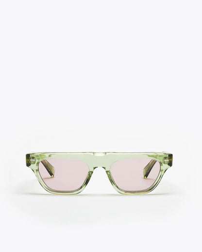 Rectangular-shaped sunglasses with seafoam green frame and lilac lenses on a white background