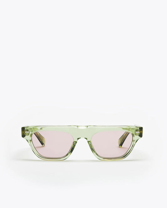 Rectangular-shaped sunglasses with seafoam green frame and lilac lenses on a white background