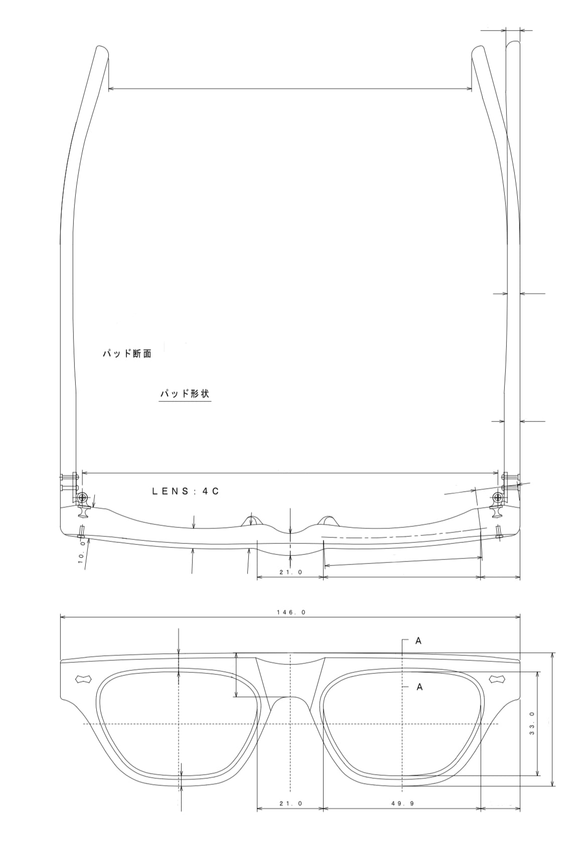 Technical drawing of the donni sunglasses with dimensions and labels