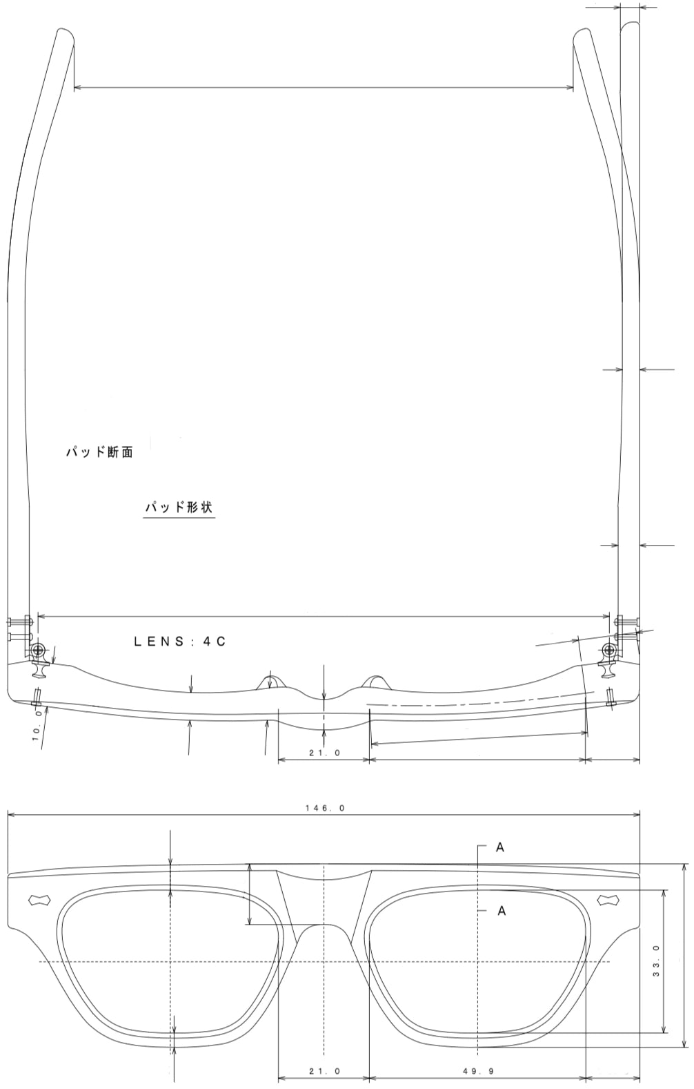 Technical drawing of the donni sunglasses with measurements and labels