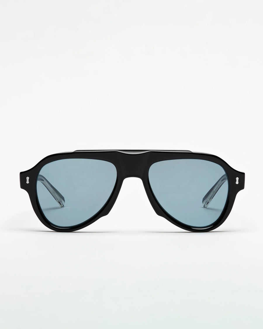 Black sunglasses with blue lenses on a white background