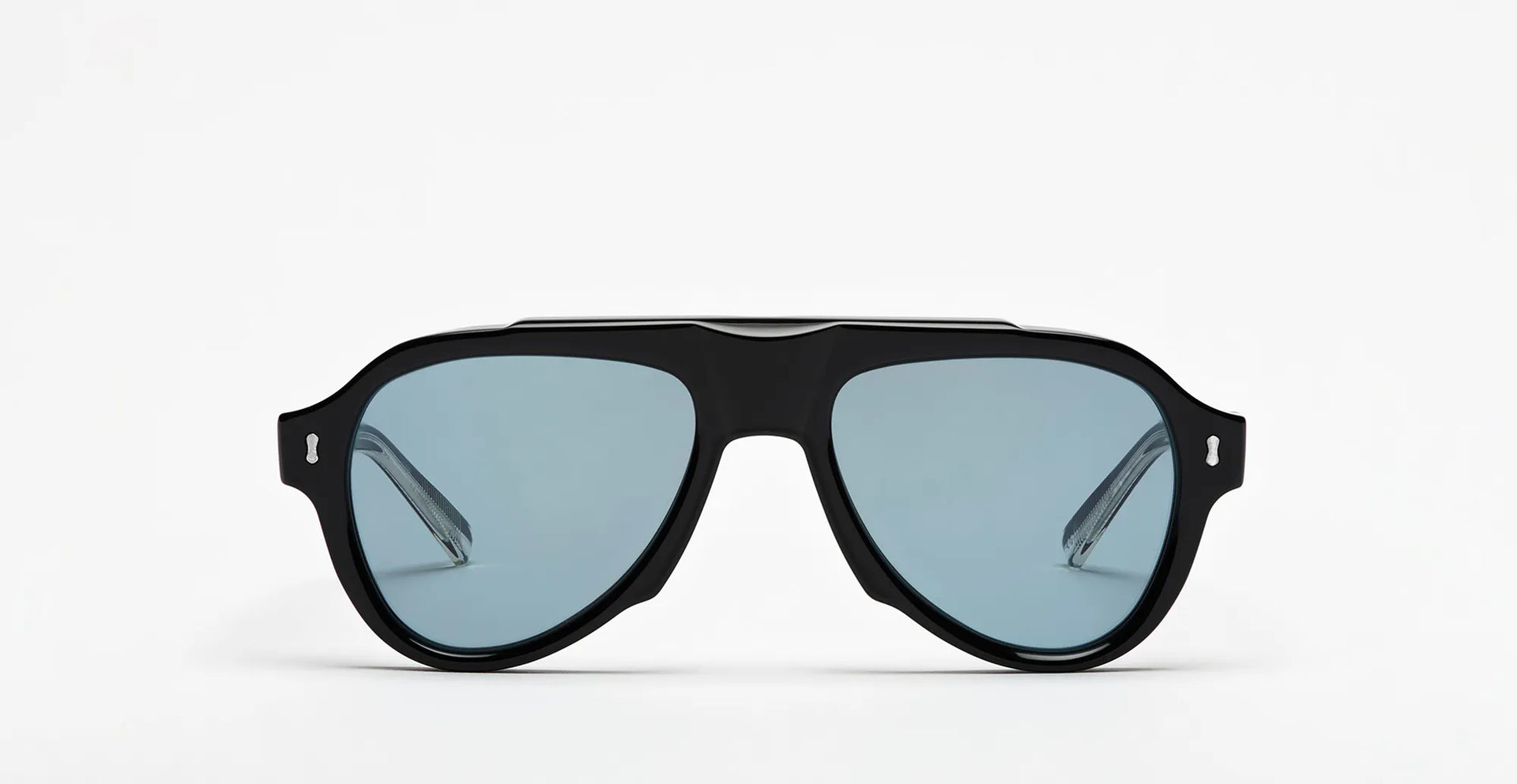 Black sunglasses with blue lenses on a white background