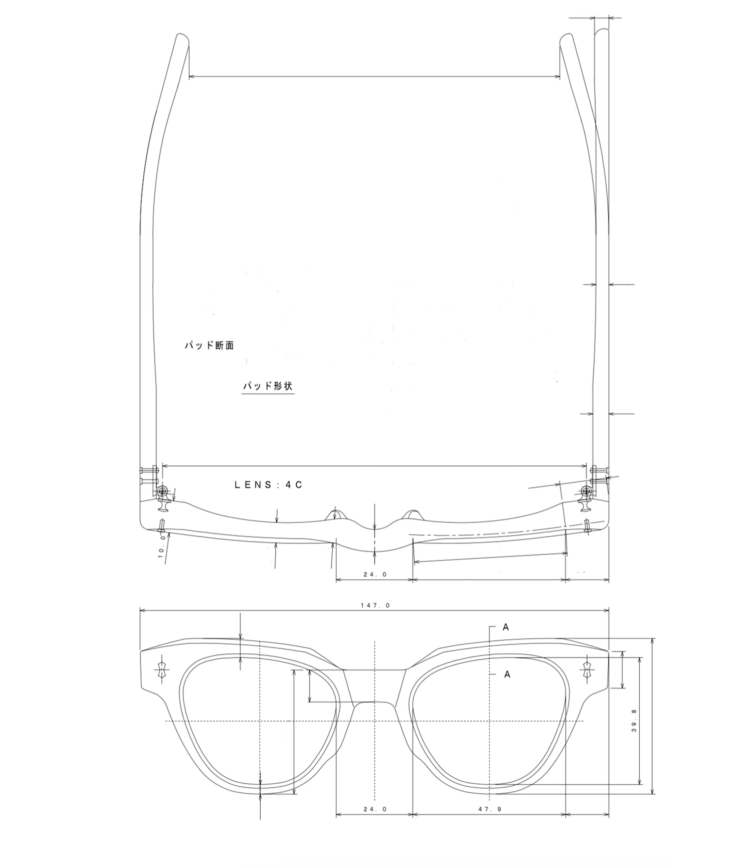 Technical drawing of sunglasses with dimensions and labels