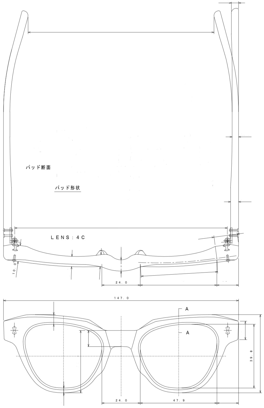 Technical drawing of the olivia sunglasses with dimensions and labels