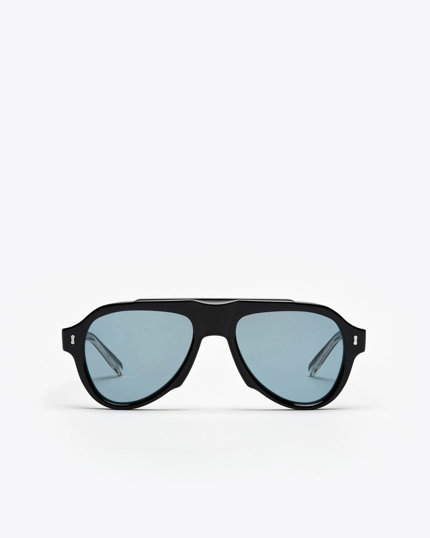 Aviator style sunglasses with black frames and blue lenses on a white background