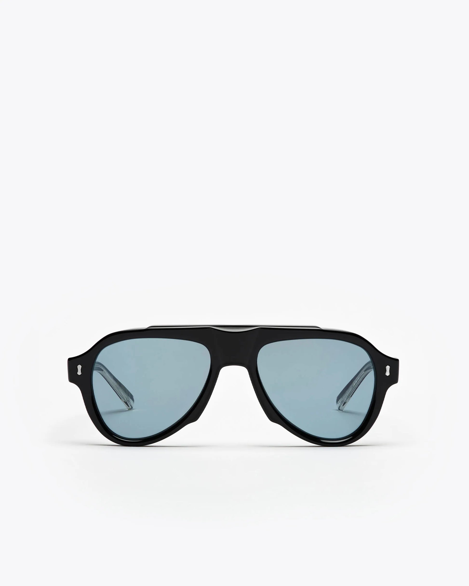 Aviator style sunglasses with black frames and blue lenses on a white background