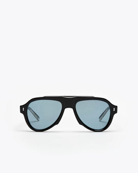 Aviator style sunglasses with black frames and blue lenses on a white background