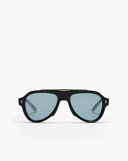 Aviator style sunglasses with black frames and blue lenses on a white background