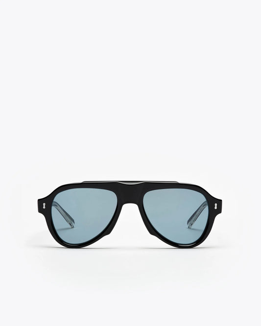 Aviator style sunglasses with black frames and blue lenses on a white background