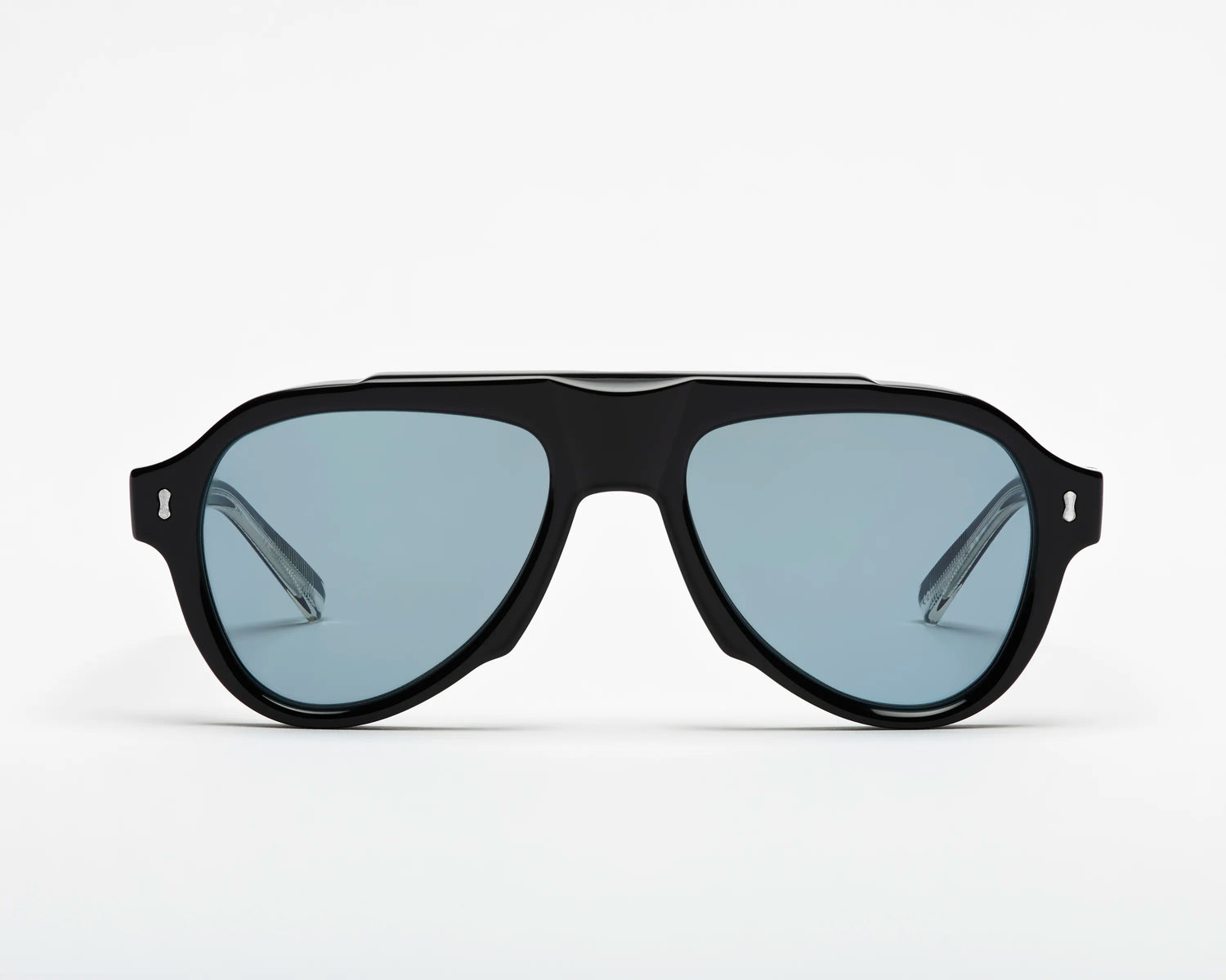 Aviator style black sunglasses with blue-tinted lenses on a white background