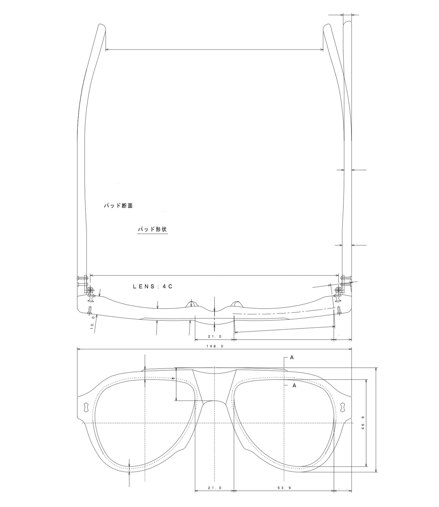 Technical drawing of the zephyr sunglasses with dimensions and labels