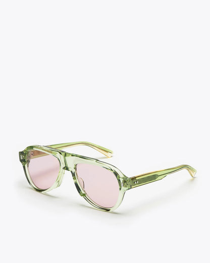 Aviator style sunglasses with seafoam green frames and brown leses on a white background