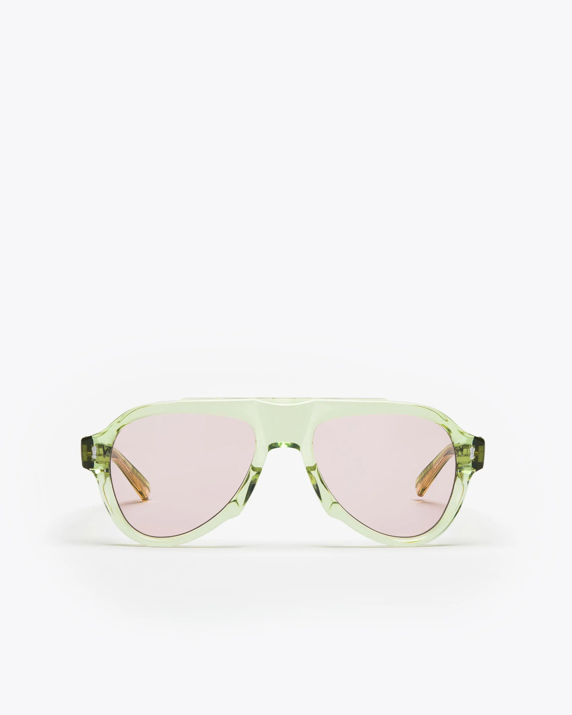 Aviator style sunglasses with seafoam green frames and lilac leses on a white background