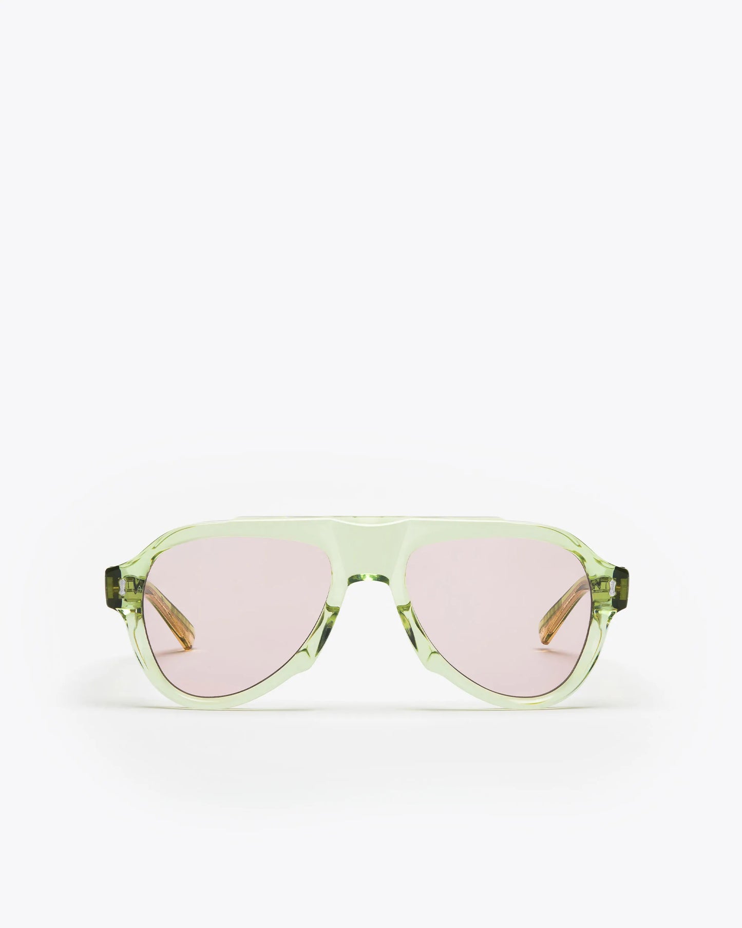 Aviator style sunglasses with seafoam green frames and lilac leses on a white background