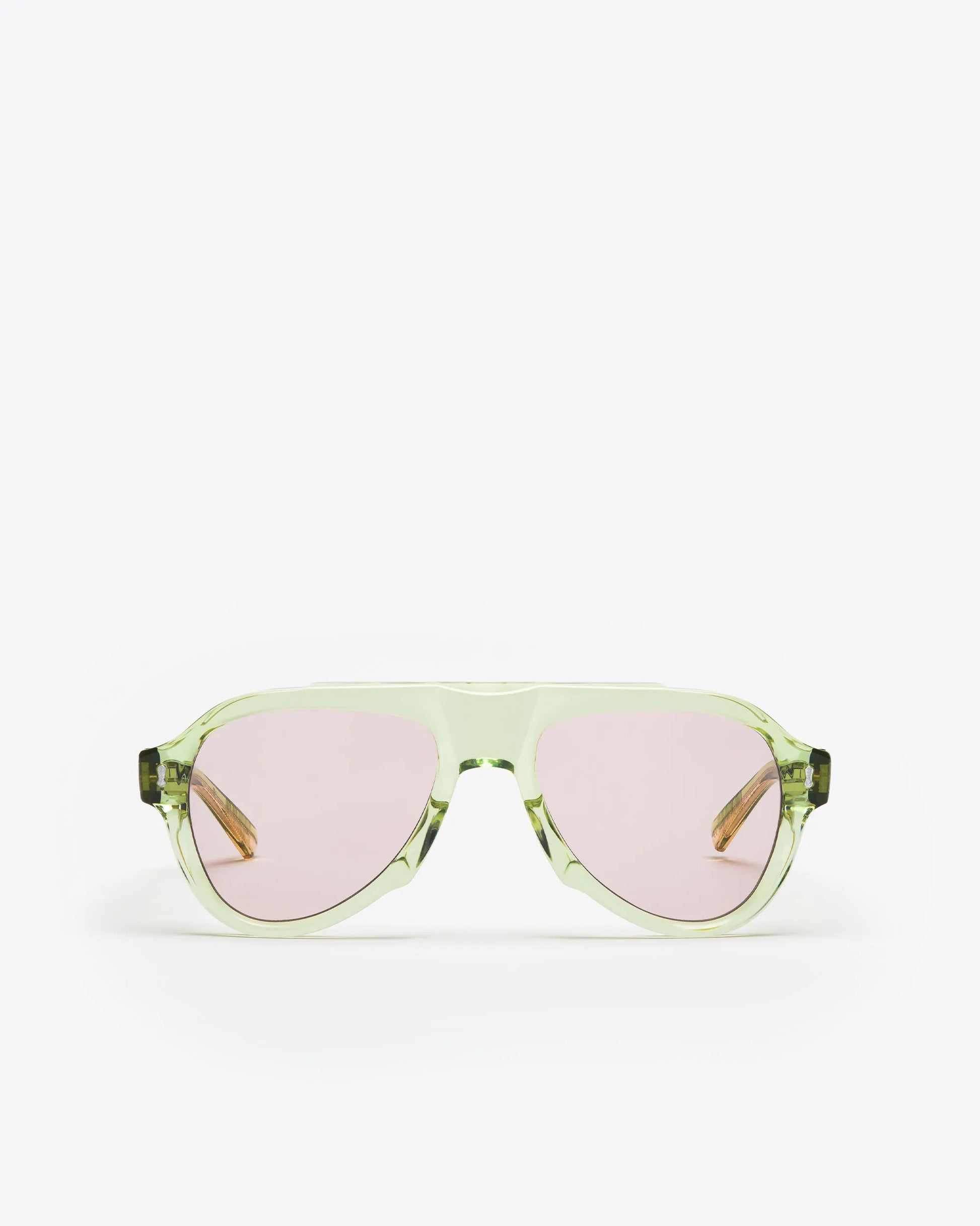 Aviator style sunglasses with seafoam green frames and lilac leses on a white background