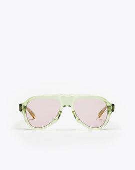 Aviator style sunglasses with seafoam green frames and lilac leses on a white background
