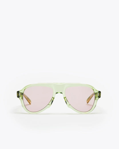 Aviator style sunglasses with seafoam green frames and lilac leses on a white background