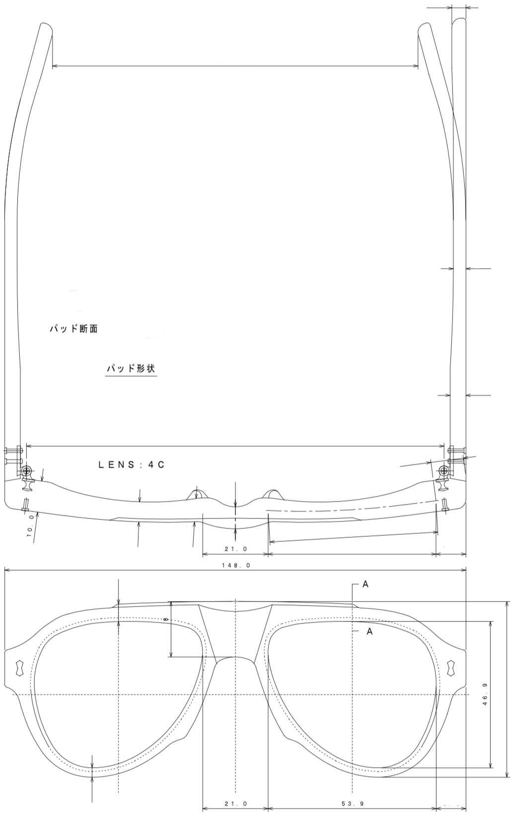 Technical drawing of the zephyr sunglasses with dimensions and labels